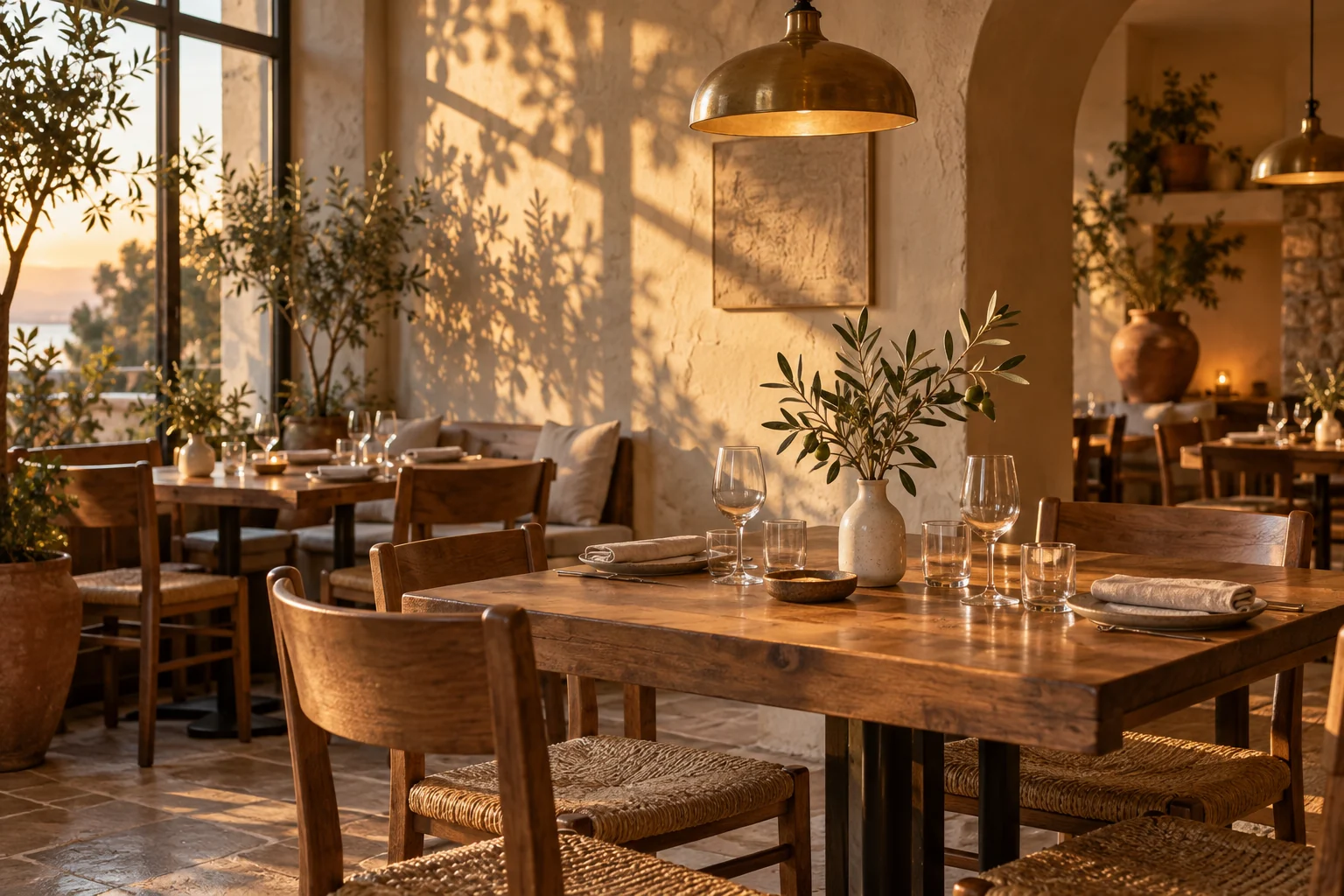 Visualisierung eines gemütlichen Restaurants mit Holztischen, Keramik und Nachmittagslicht.