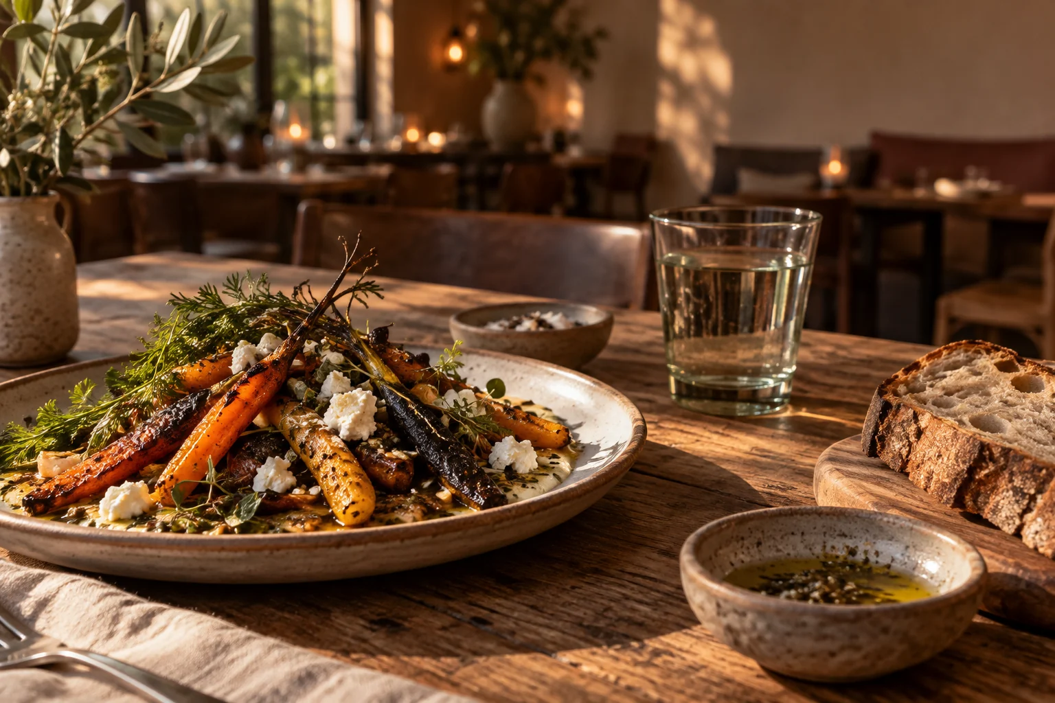 Visualisierung eines Restauranttisches mit geröstetem Gemüse, Brot und Keramik im warmen Licht.