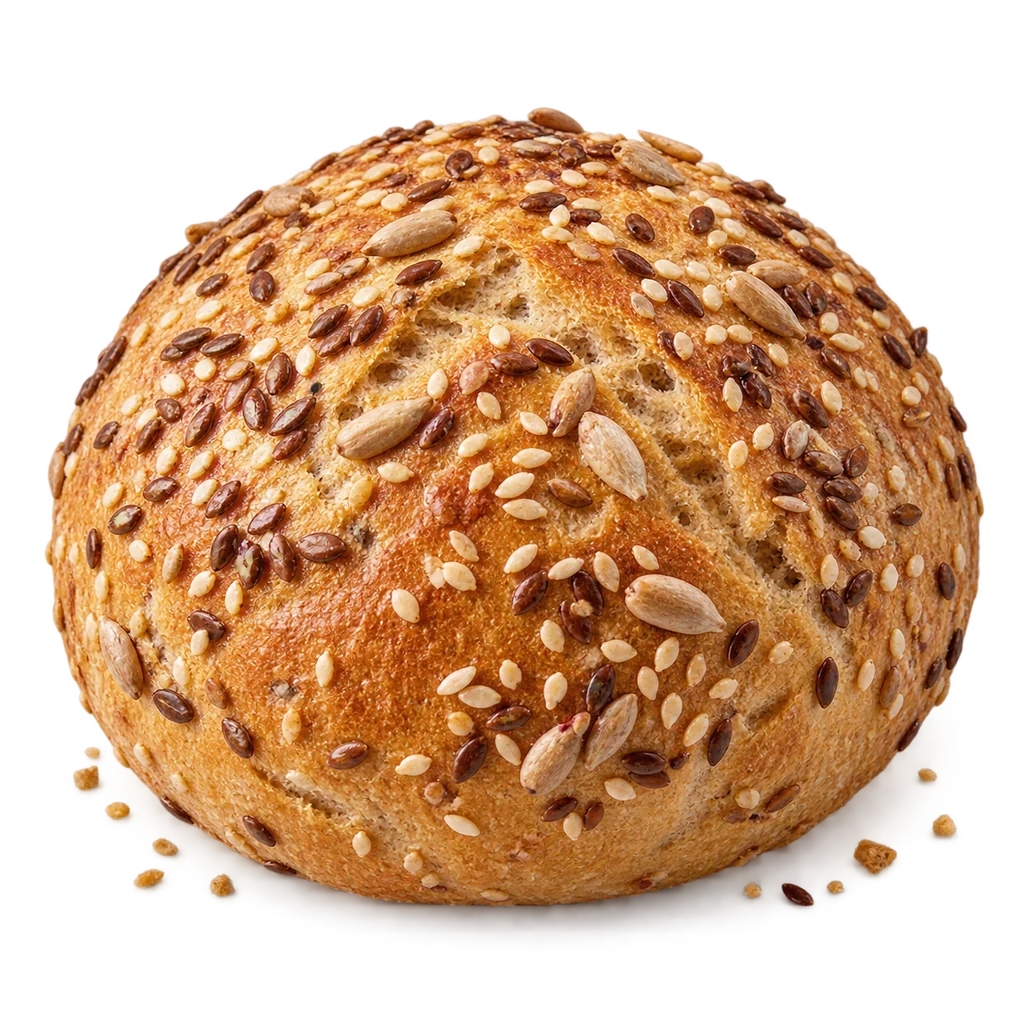 Visualisation of a round roll topped with sesame, sunflower and flax seeds.
