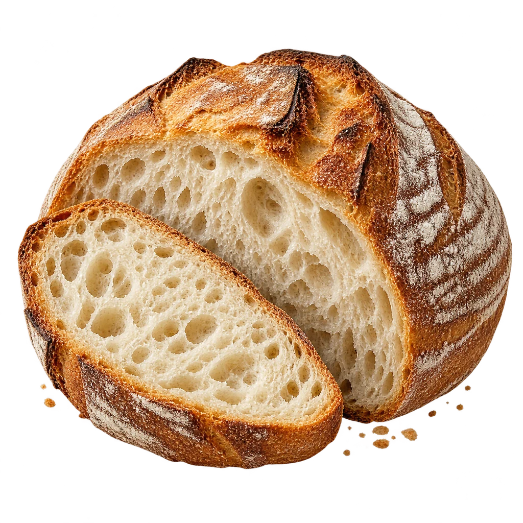 Visualisation of a cut sourdough loaf with a slice showing the crumb.