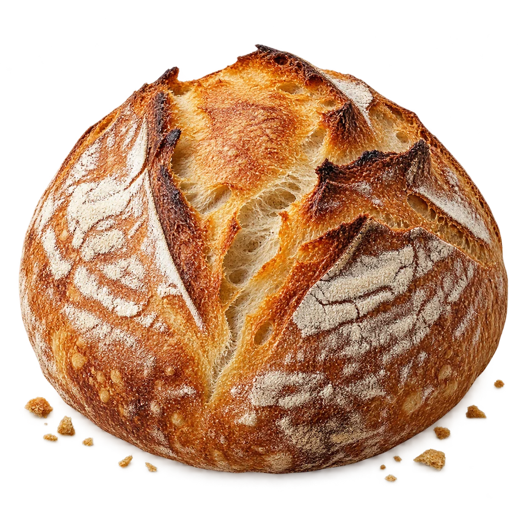 Visualisation of a round sourdough loaf with a flour-dusted, crisp crust.