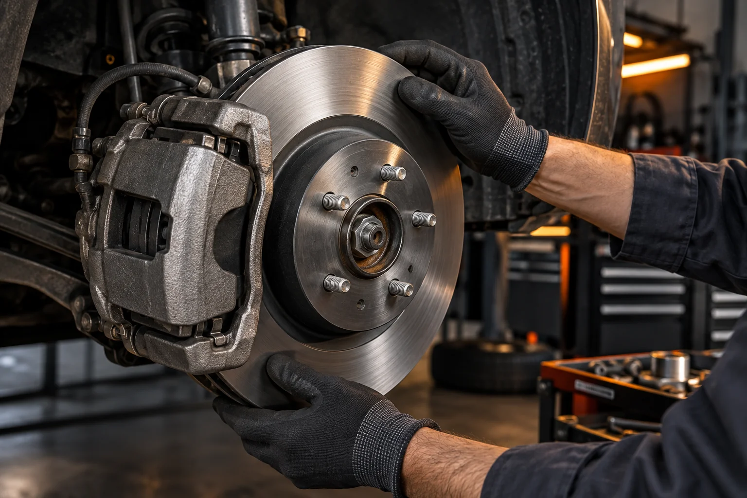 Visualisierung: Detail einer Fahrzeugbremse und die Hände eines Mechanikers in einer Werkstatt.