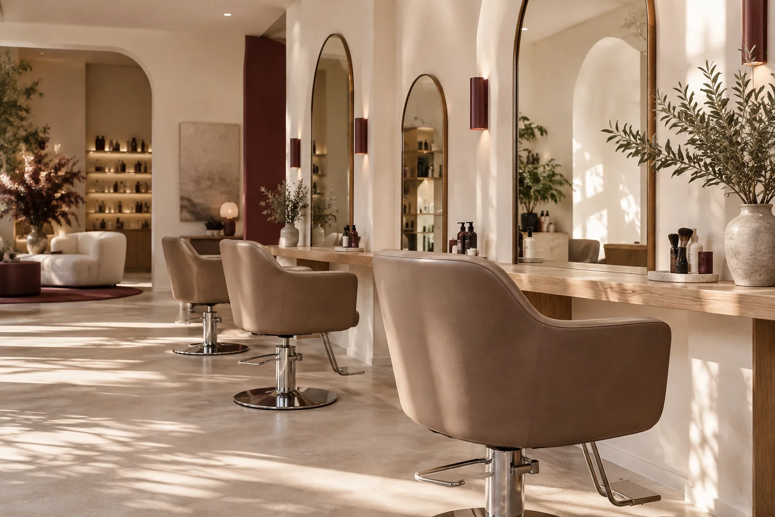 Visualisierung eines hellen Friseursalons mit großen Spiegeln und warmen, natürlichen Materialien
