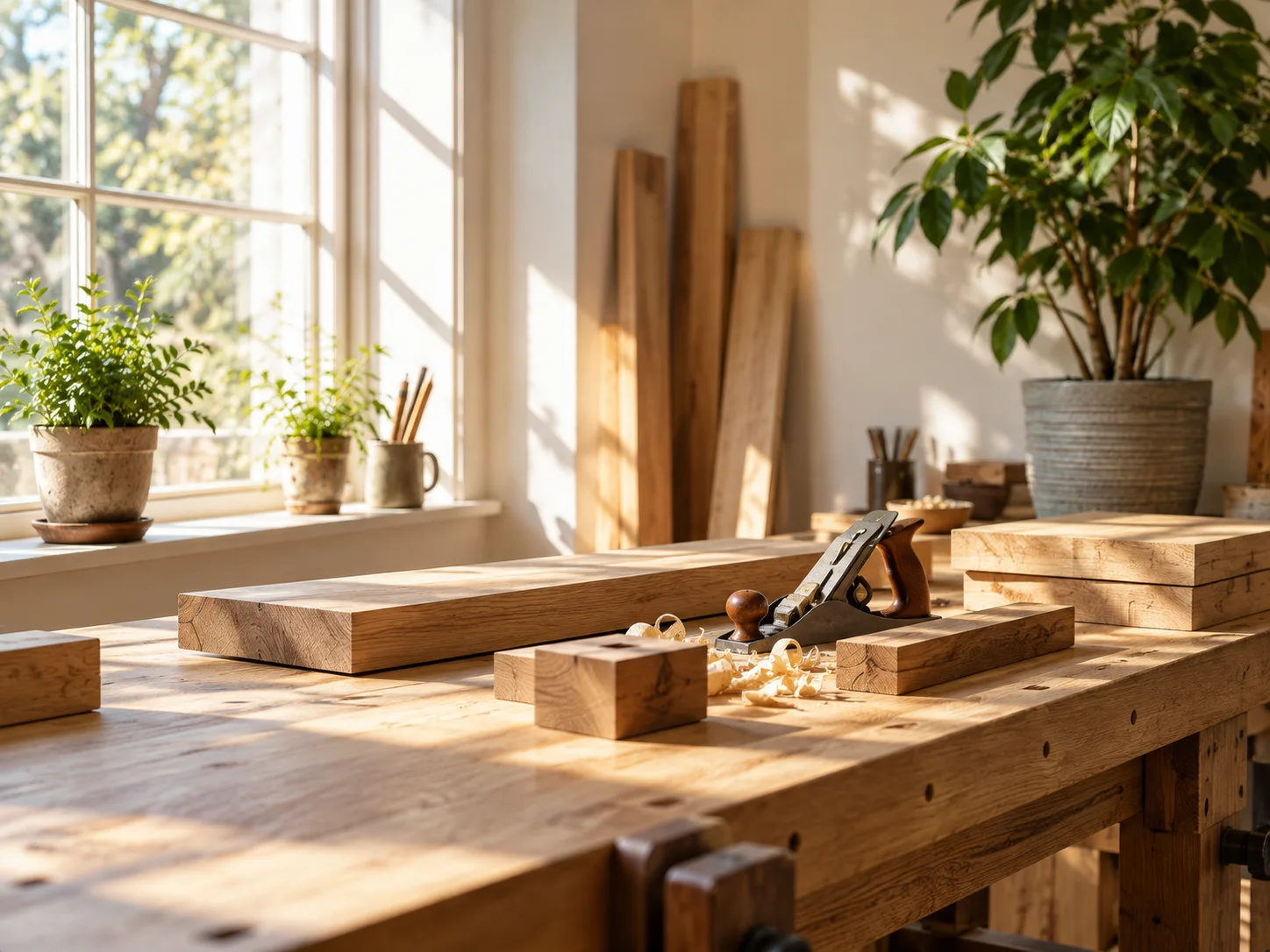 Woodworking bench in a bright workshop